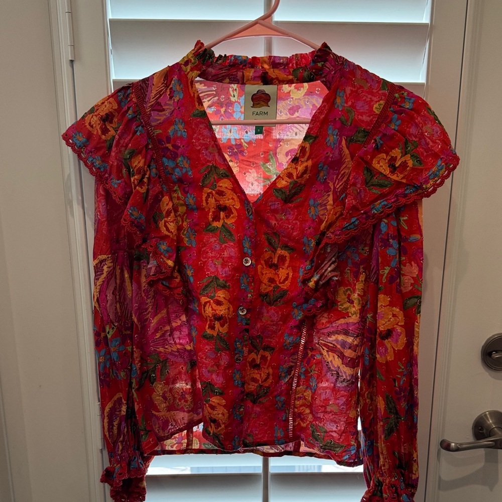 FARM Rio Vibrant Red Floral Ruffle Blouse
